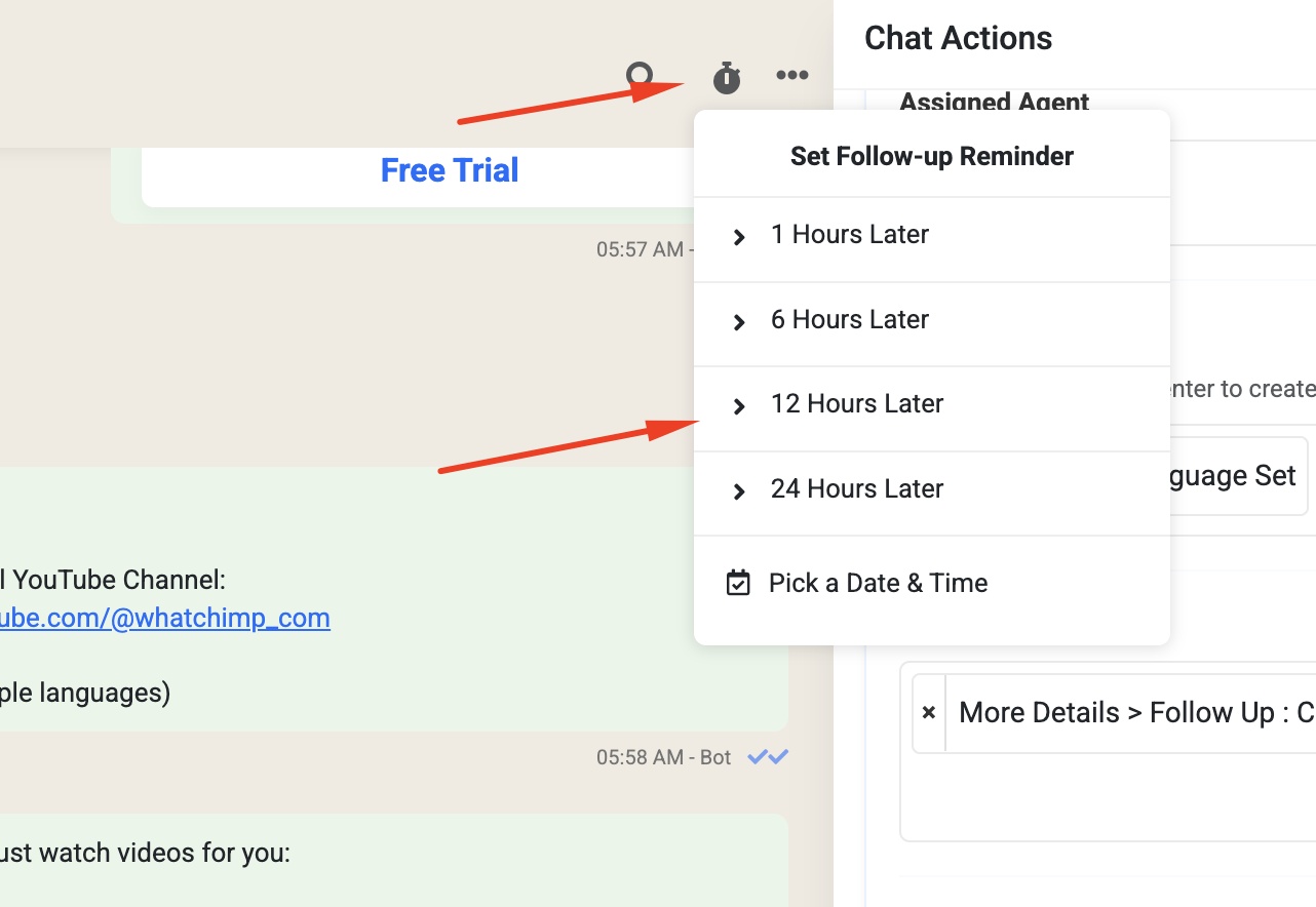 Set a follow-up reminder from the conversation menu with preset or custom timing