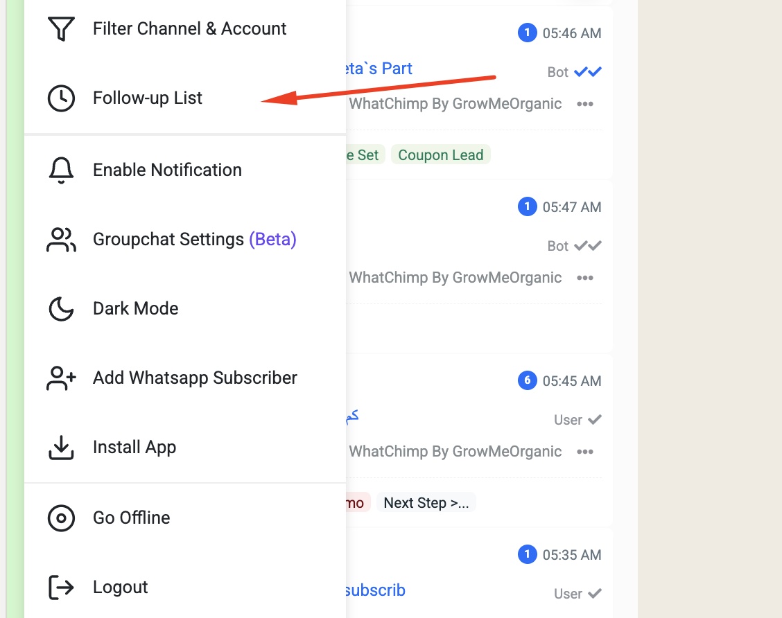 Open Follow-up List from the sidebar settings menu