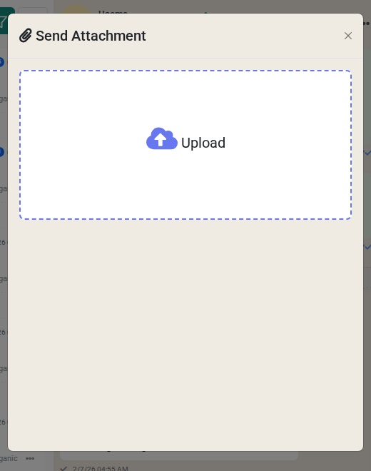 The Send Attachment dialog with a drag-and-drop upload area