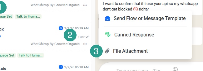 Click the + button to see Send Flow or Message Template, Canned Response, and File Attachment options