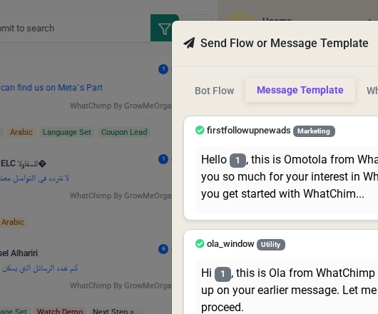 Approved message templates showing template name, category, and preview text