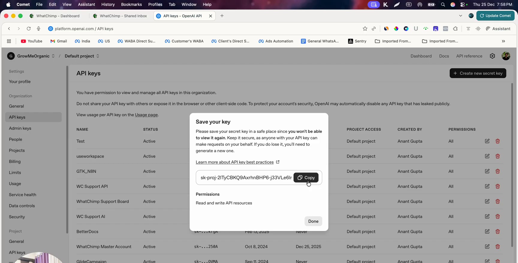 إضافة API Key الخاص بـ OpenAI — WhatChimp Docs