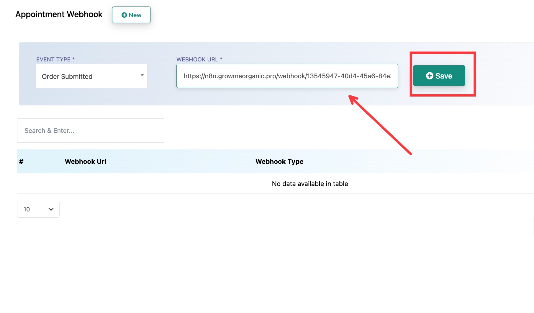 El formulario de webhook con un event type seleccionado, una URL ingresada y el botón Save