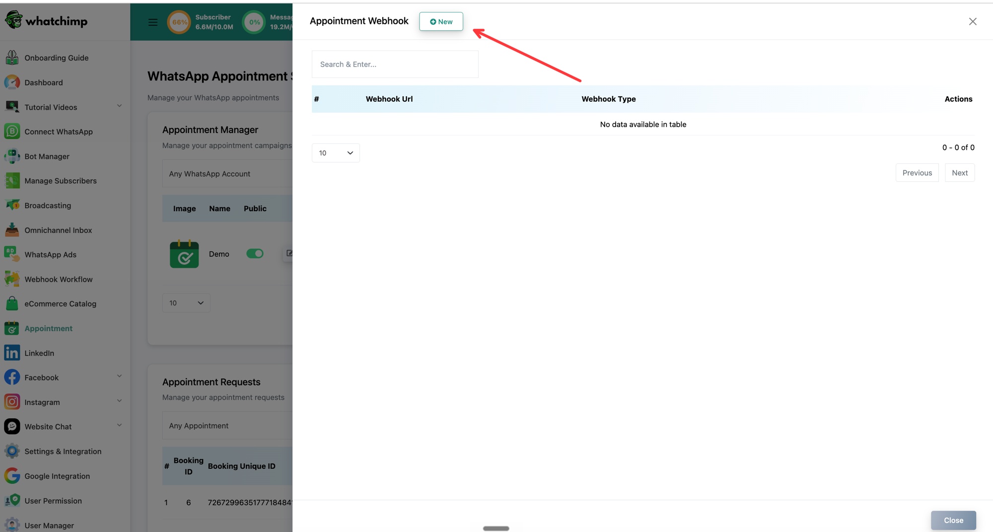 El panel Appointment Webhook con el botón New