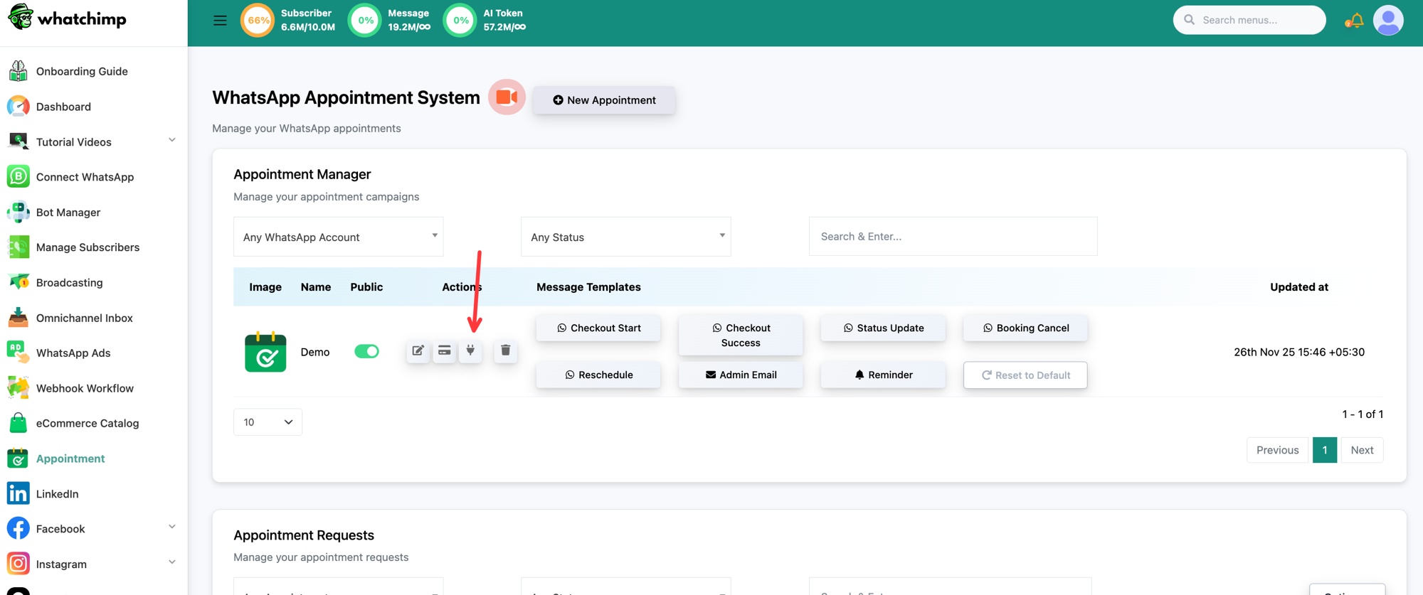 El Appointment Manager con el ícono de webhook resaltado en la columna Actions