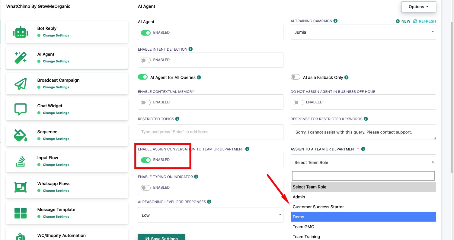 Assign Conversation to Team or Department enabled, showing team dropdown