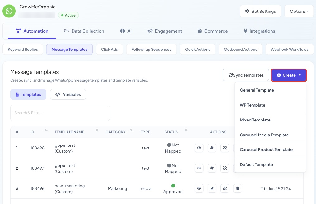 The Message Templates list and the Create menu
