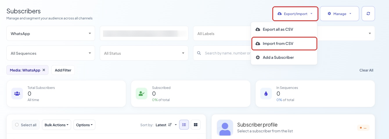 The Export/Import menu in Manage Subscribers