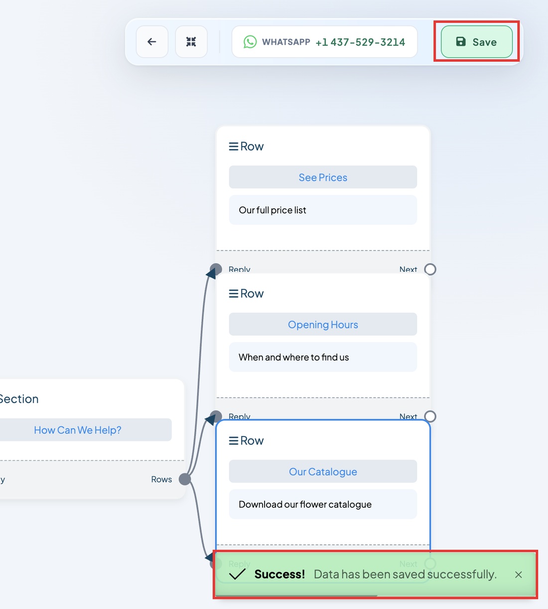 The Save button and the success message