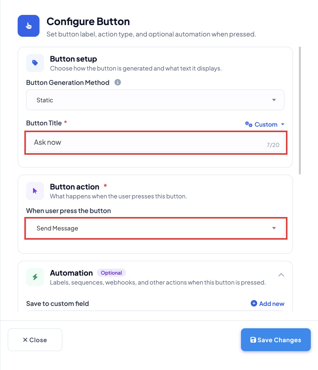 Setting up the button
