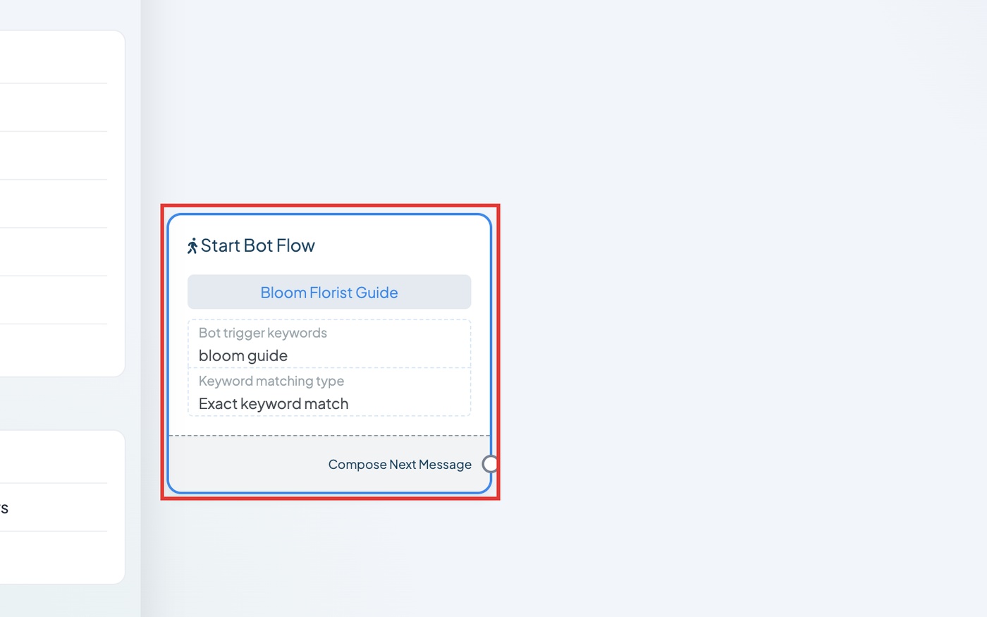 The Start Bot Flow block with the keyword