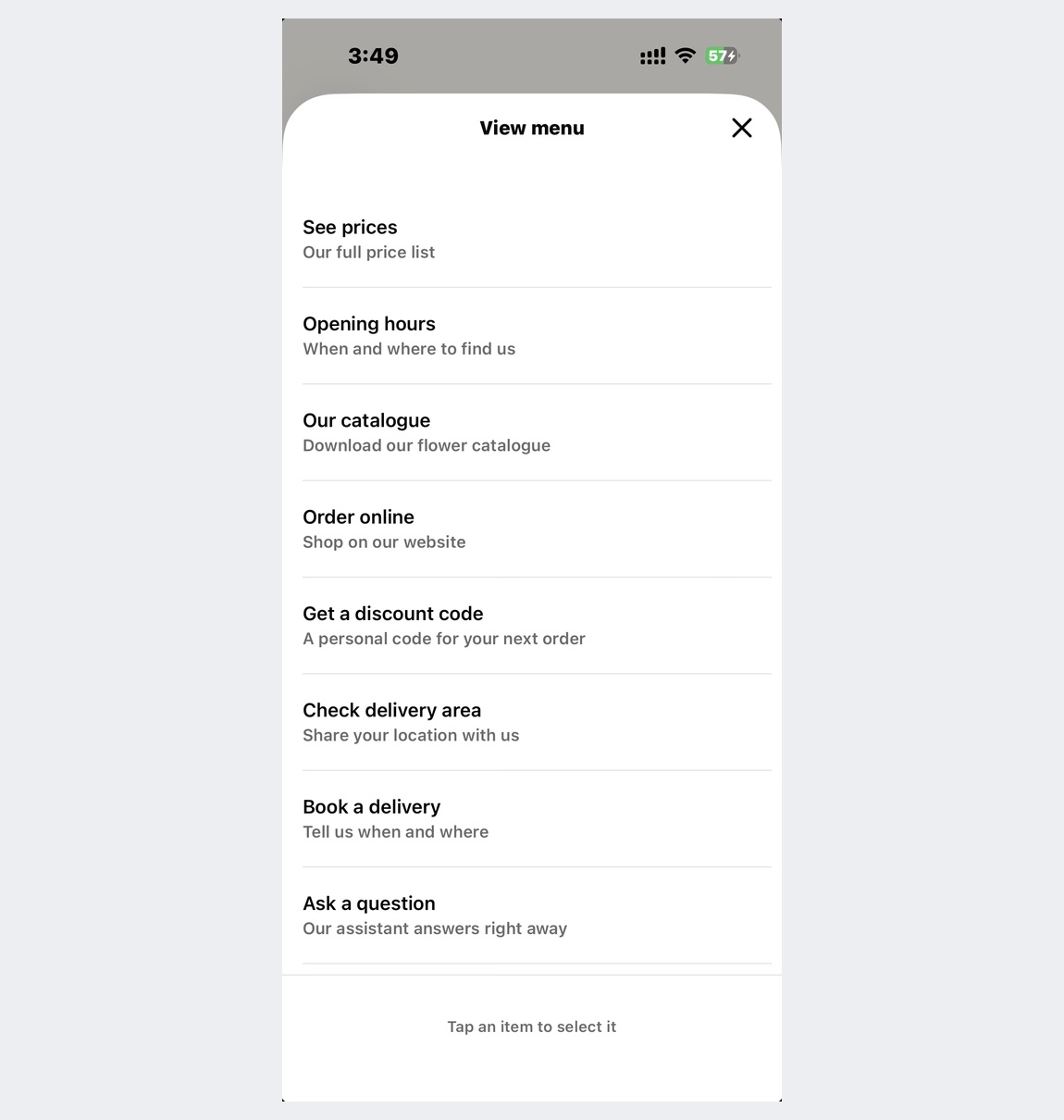 The menu that opens when the customer taps View menu