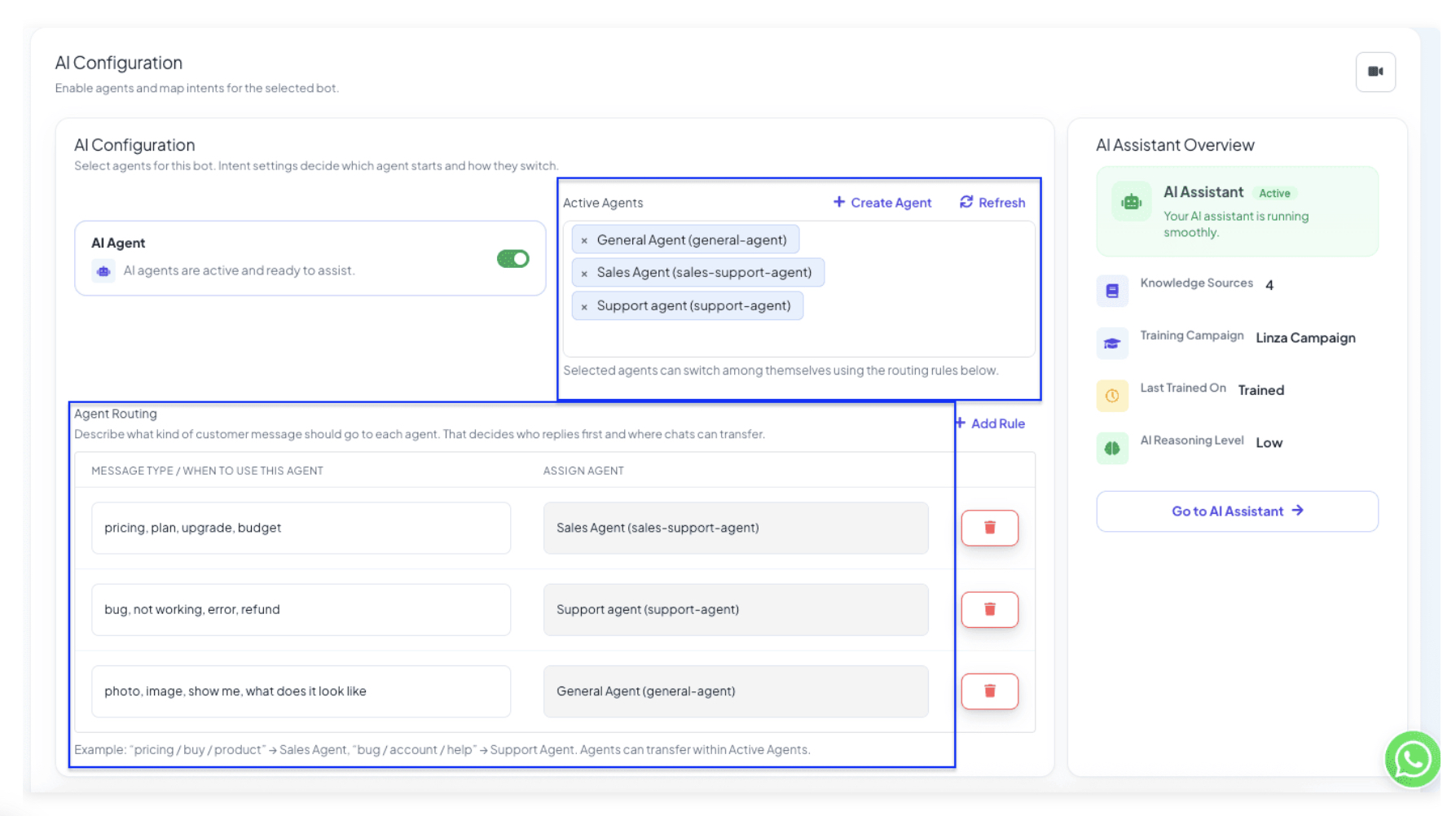 The AI Configuration tab populated with three active agents and three routing rules matching the setup in this guide