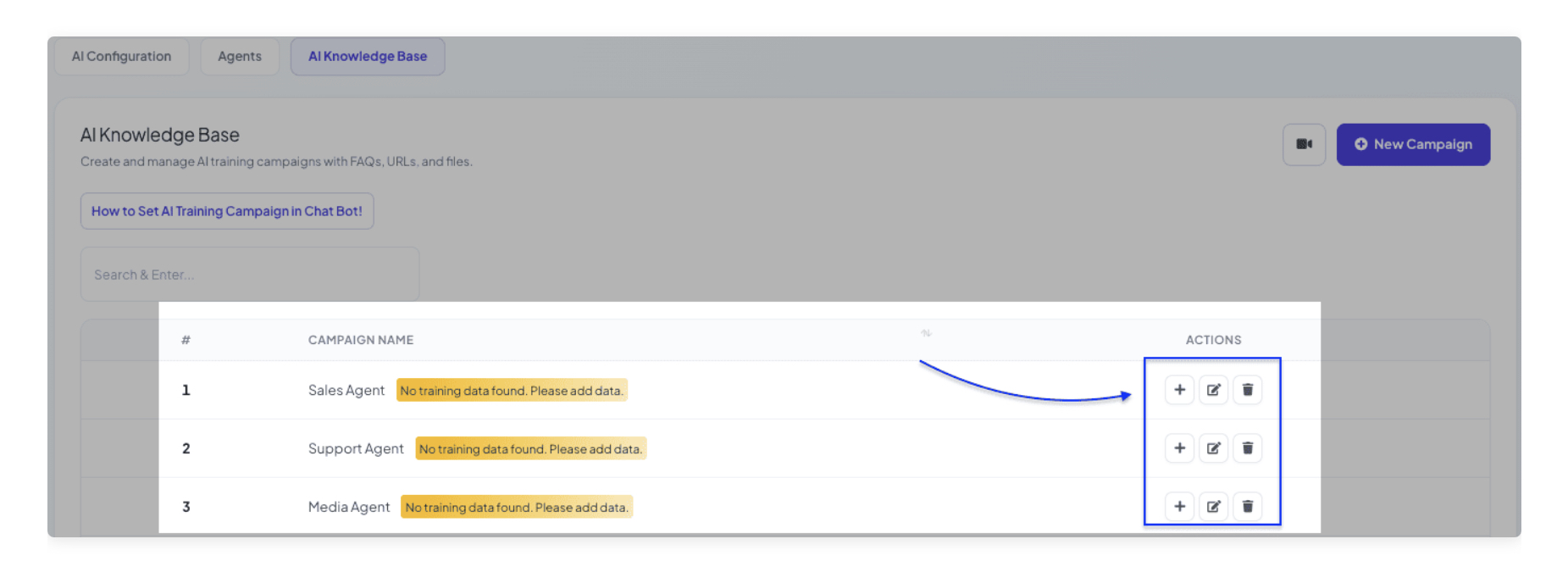 The AI Knowledge Base tab with three campaigns listed (Sales Agent, Support Agent, Media Agent) and the plus icon in the Actions column highlighted