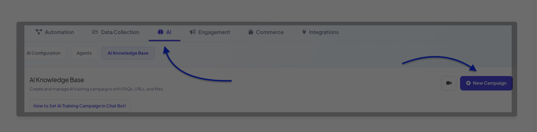 The AI tab inside Bot Manager, showing the three sub-tabs: AI Configuration, Agents, and AI Knowledge Base