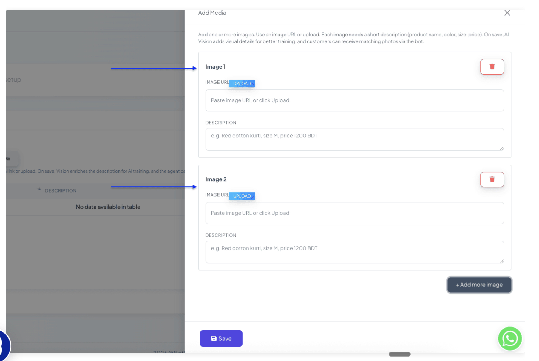The Add Media modal showing Image 1 and Image 2 blocks, each with an Image URL / Upload field and a Description field, plus the Add more image button and the Save button