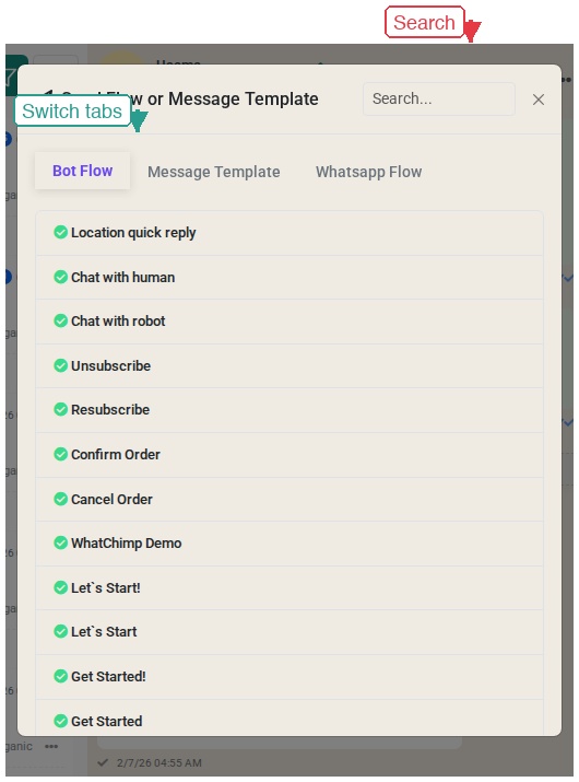 The template selector with Bot Flow, Message Template, and WhatsApp Flow tabs