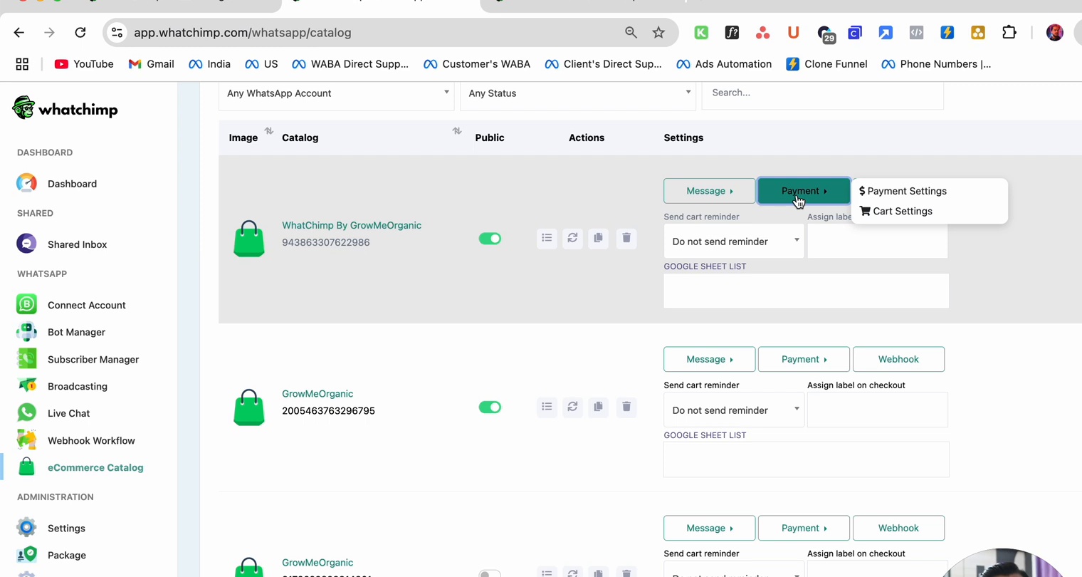 Payment Settings dropdown