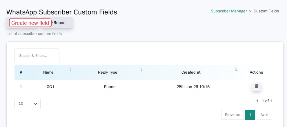 Custom Fields list page showing existing fields with Name, Reply Type, Created at, and Actions