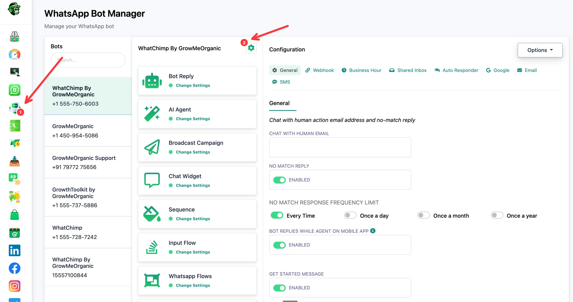 Bot Manager في WhatChimp مع تحديد البوت وإبراز أيقونة الإعدادات لفتح Configuration