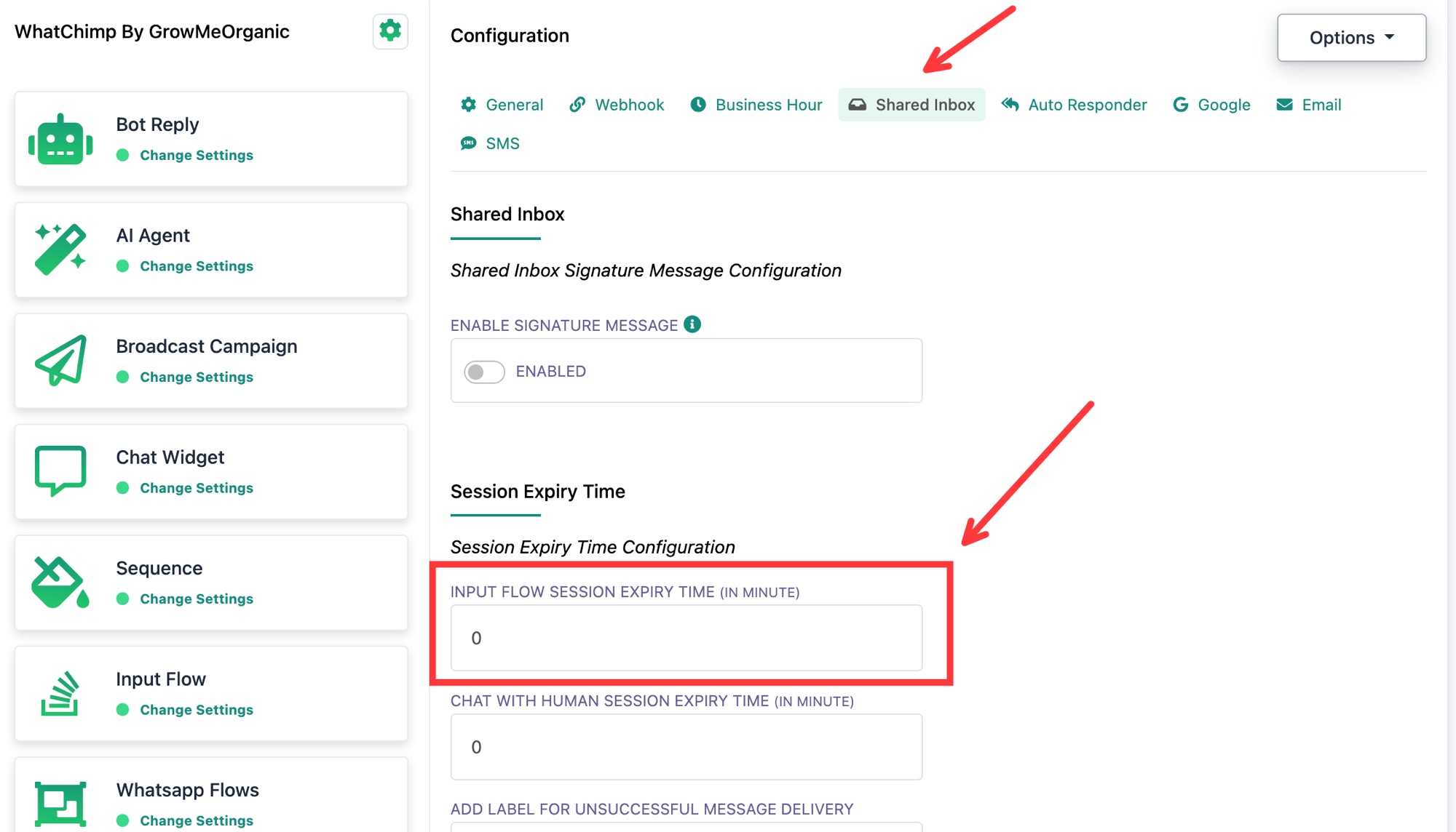 تبويب Shared Inbox يعرض حقل Input Flow Session Expiry Time ضمن قسم Session Expiry Time