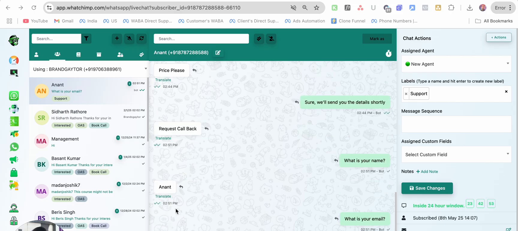 Live chat showing bot conversation