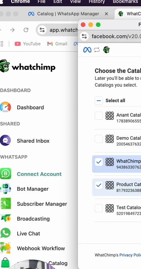 Choose catalogs for WhatChimp to access