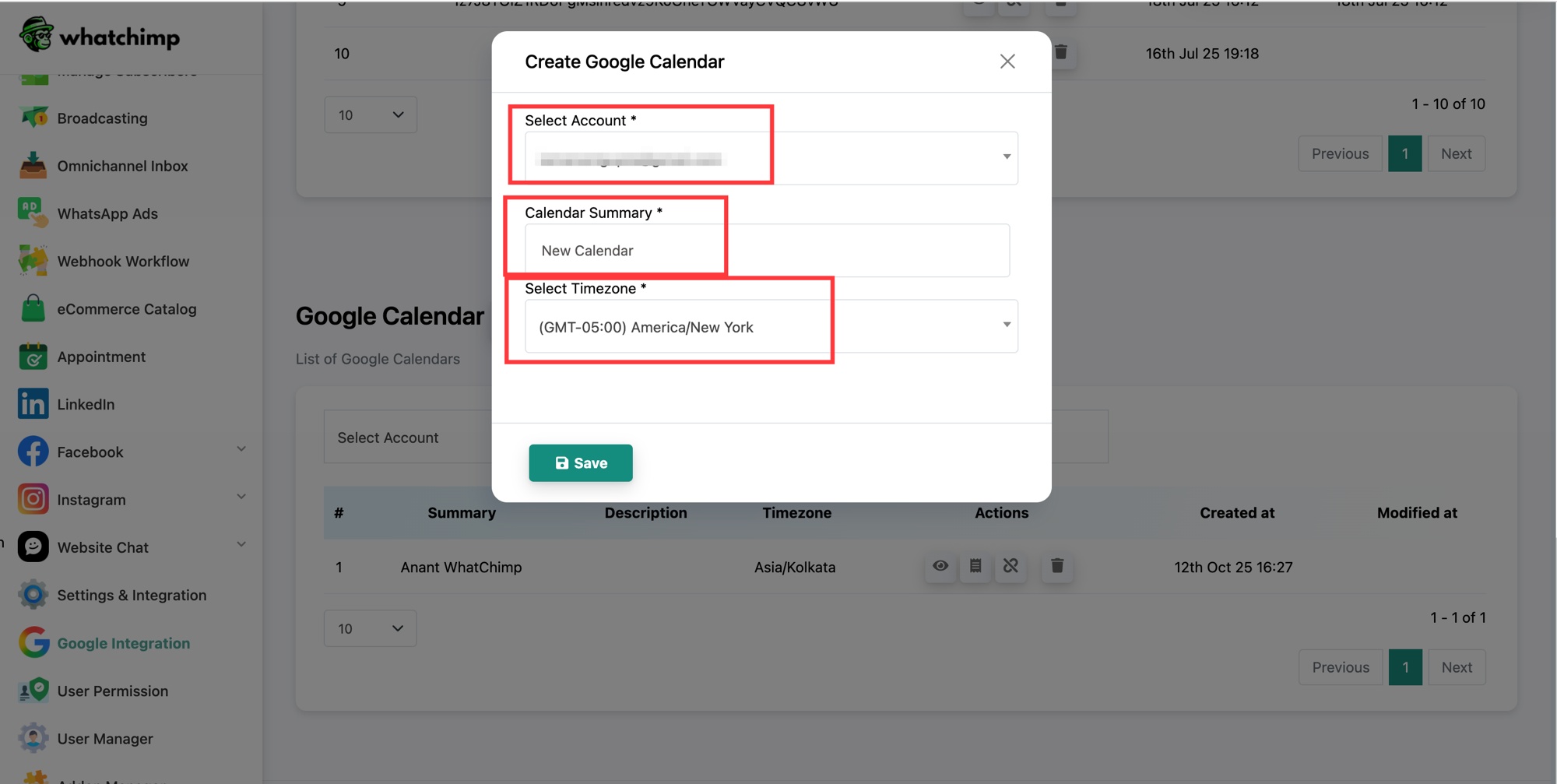 نافذة Create Google Calendar مع تعبئة Select Account و Calendar Summary و Select Timezone