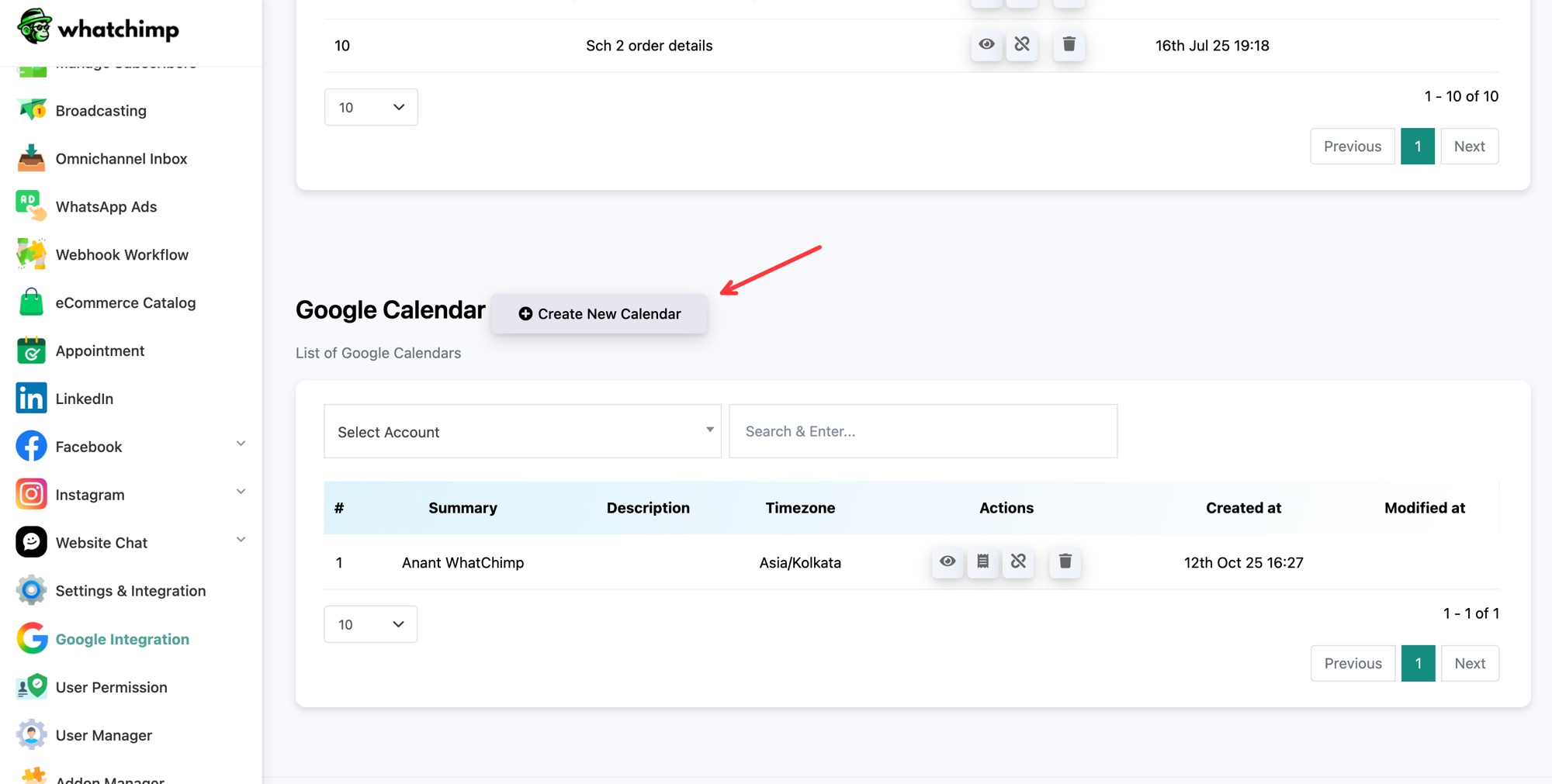 قسم Google Calendar مع زر Create New Calendar وقائمة التقويمات المرتبطة