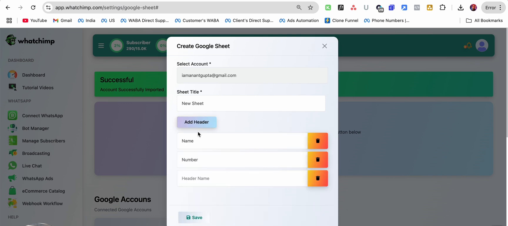 Create Google Sheet dialog
