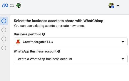 After selecting your verified portfolio, the WhatsApp Business account dropdown appears