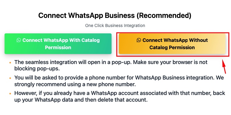 Select Connect WhatsApp Without Catalog Permission for a faster setup