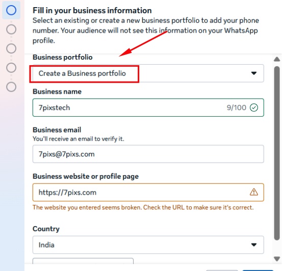 Select "Create a Business Portfolio" and fill in your business details