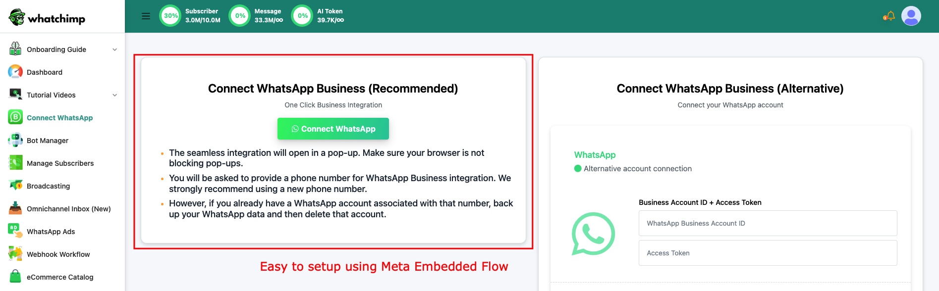 The Connect Account page shows two options — Embedded Signup (recommended) and manual setup (alternative)