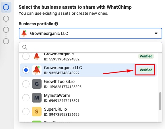Look for your business name in the dropdown — a green "Verified" badge means your business is already verified