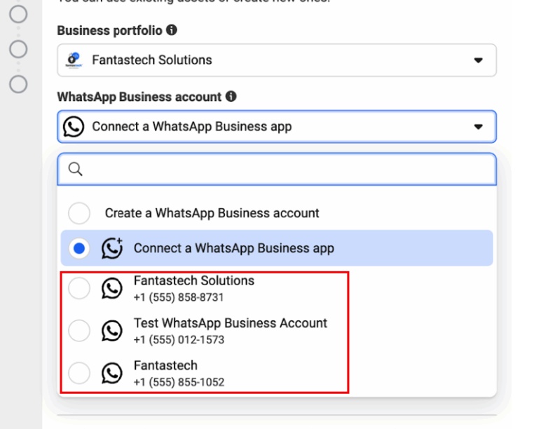Select your existing WABA from the dropdown