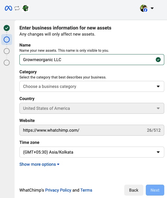 Enter your business information — name, category, country, website, and time zone