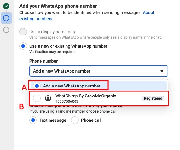 Choose to add a new number (A) or select your existing registered number (B)