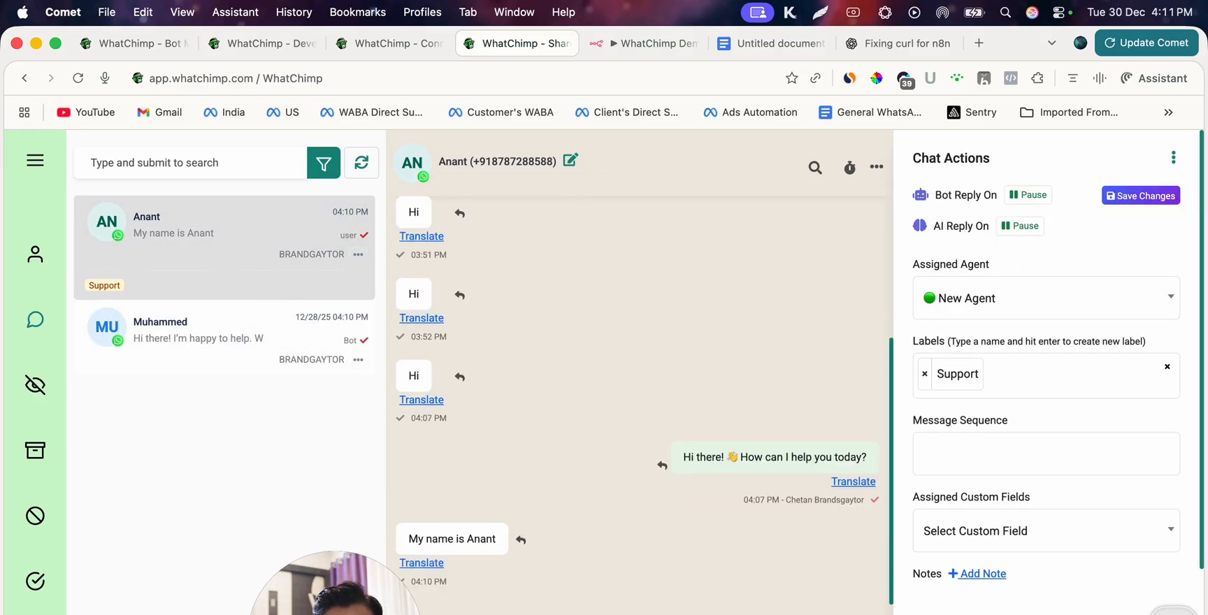 Conversation in WhatChimp Inbox