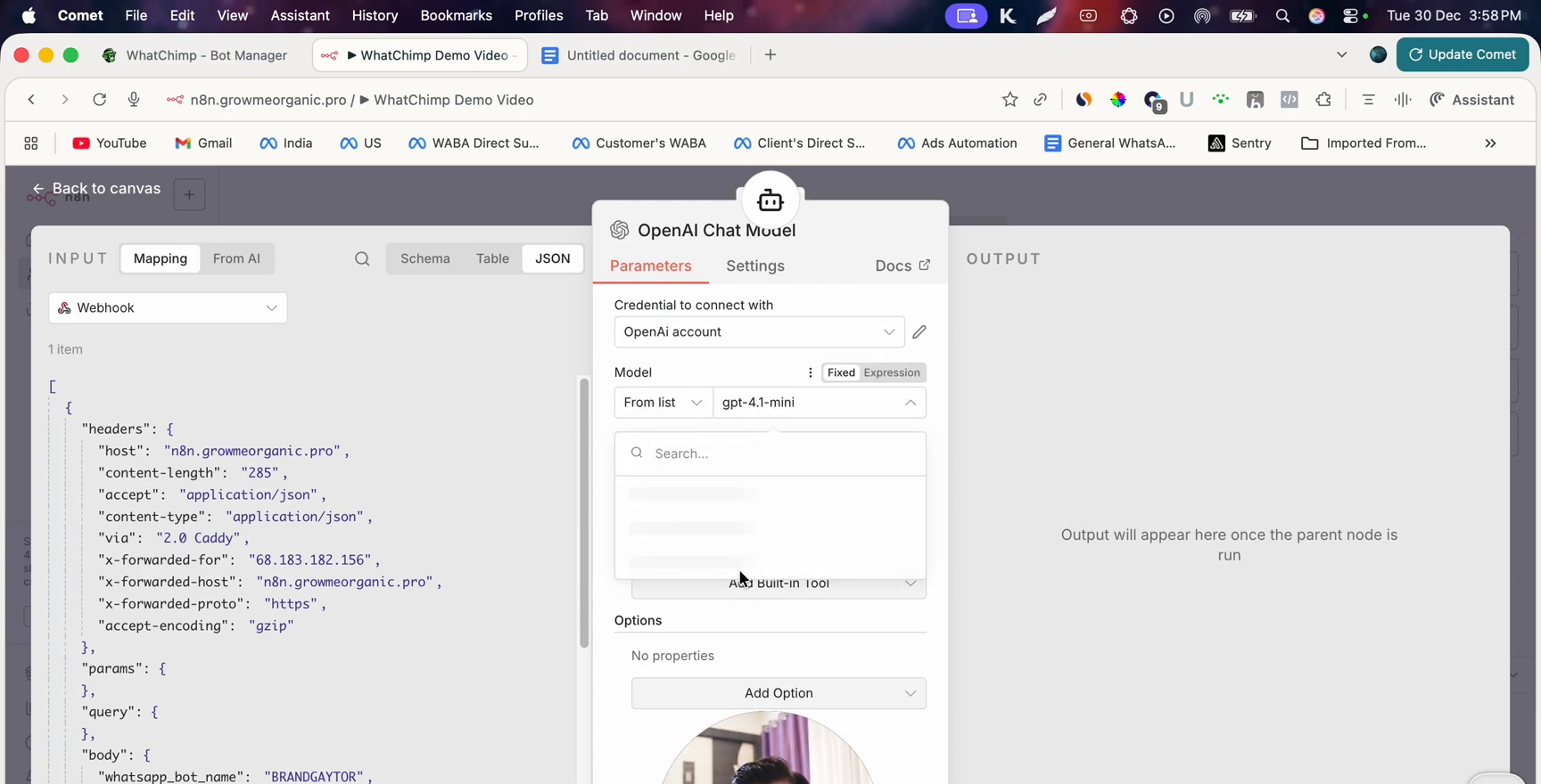 OpenAI Chat Model configuration