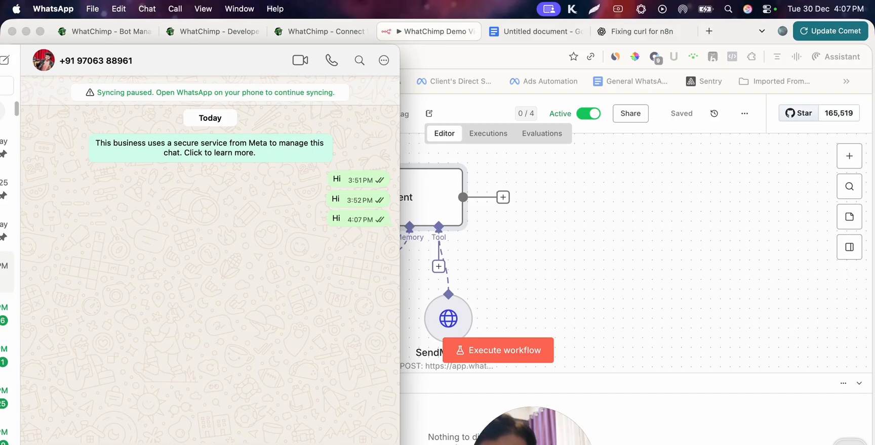 WhatsApp test showing messages and N8N workflow