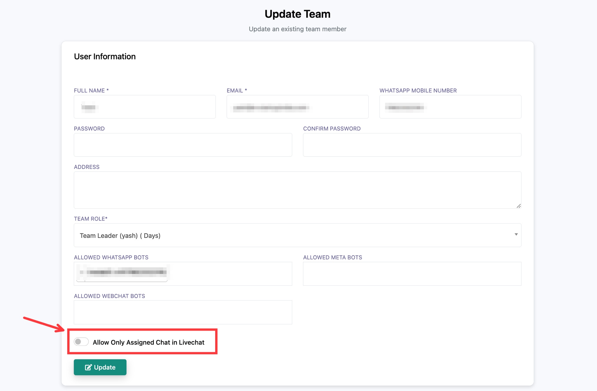 The team member form with the Allow Only Assigned Chat in Livechat toggle highlighted