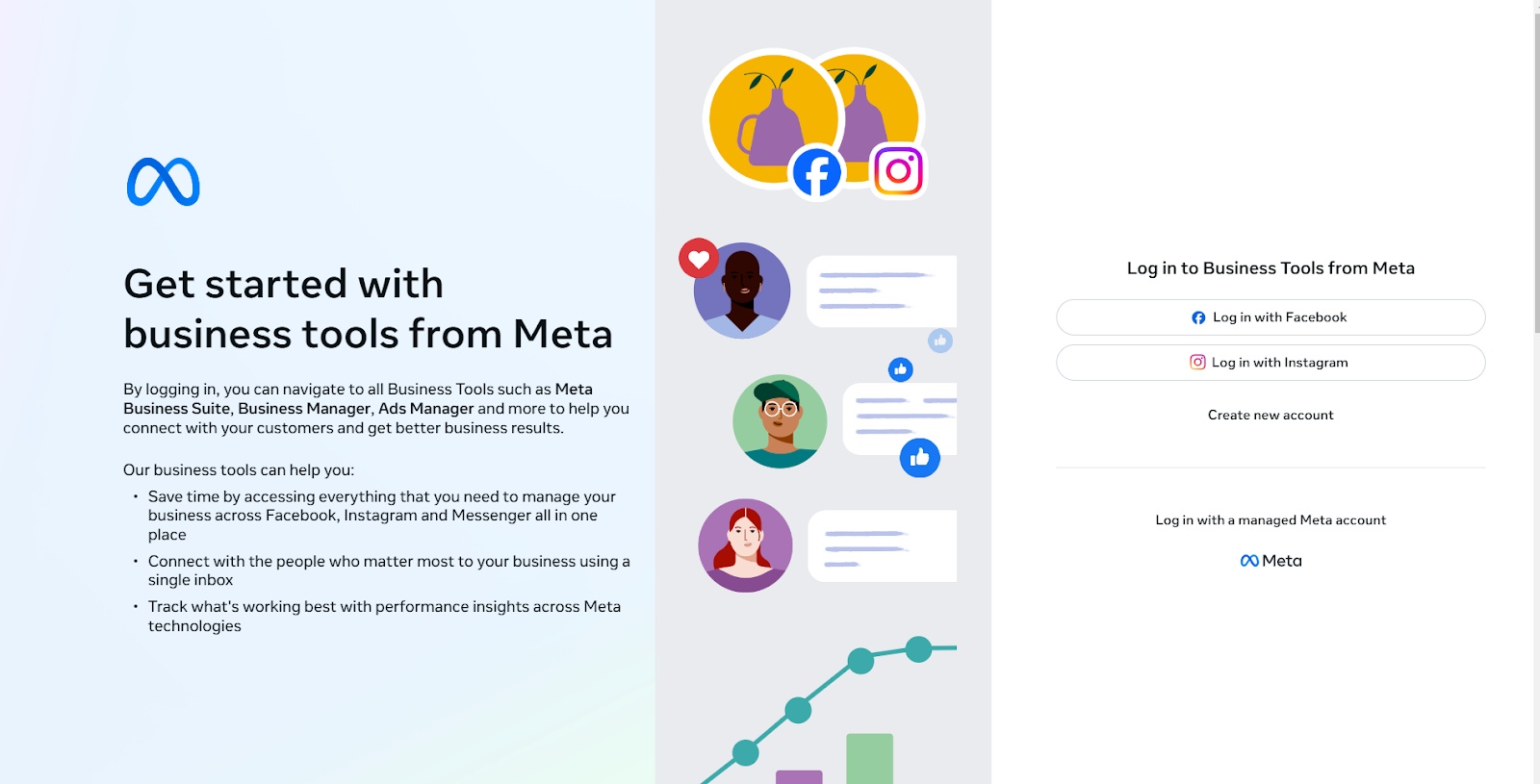 Facebook Business Manager signup page with the Log in with Facebook option