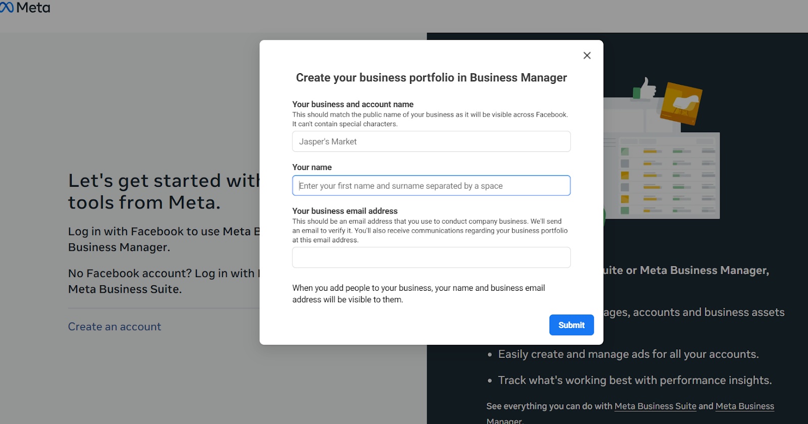 The business details form with Business Name, Full Name, and Business Email Address fields