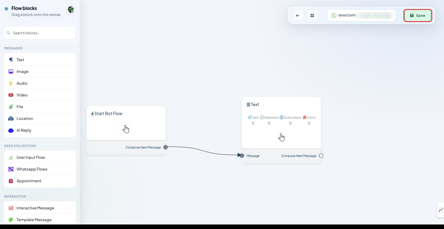 The Save button at the top right of the Flow Builder