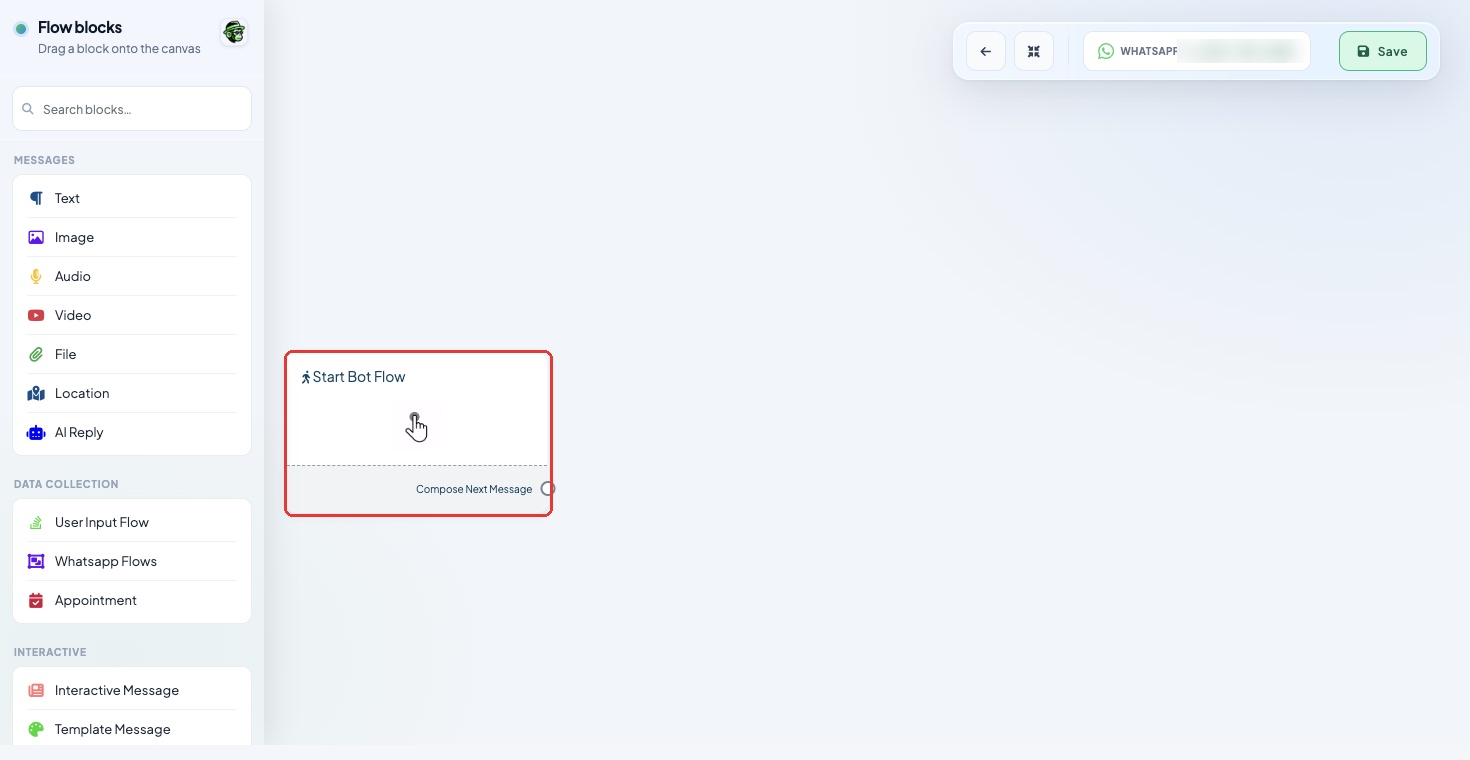 The Start Bot Flow block on the canvas