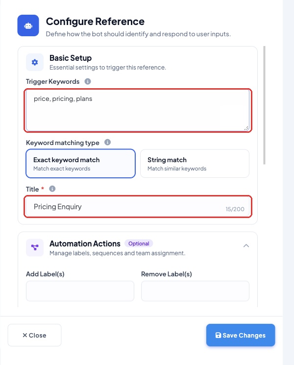 The Configure Reference panel with keywords and a title
