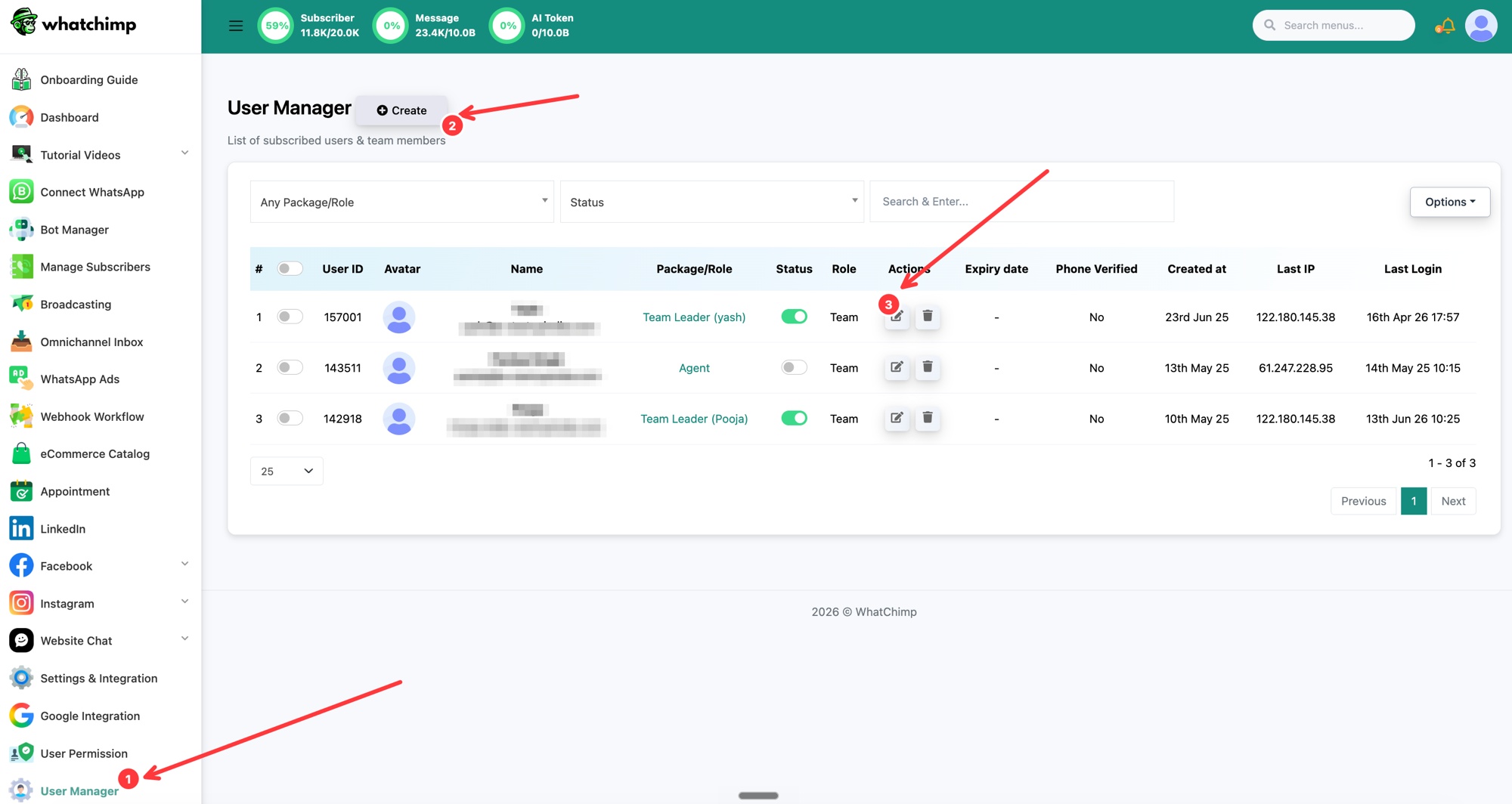 The User Manager list with the Create button and the edit action