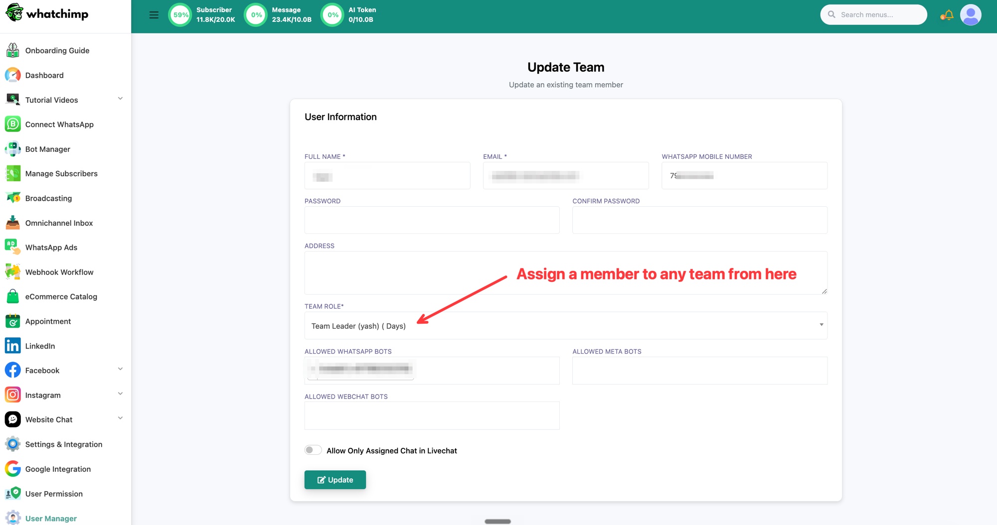 The team member form with the Team Role dropdown highlighted