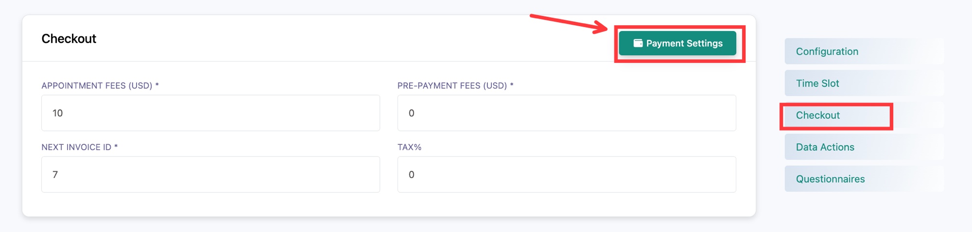 La sección Checkout con tarifas, impuesto, número de factura y el botón Payment Settings